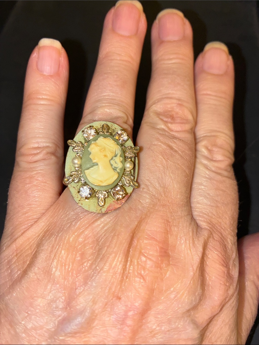 Vintage-Inspired Cameo Statement Ring in Pale Yellow and Green